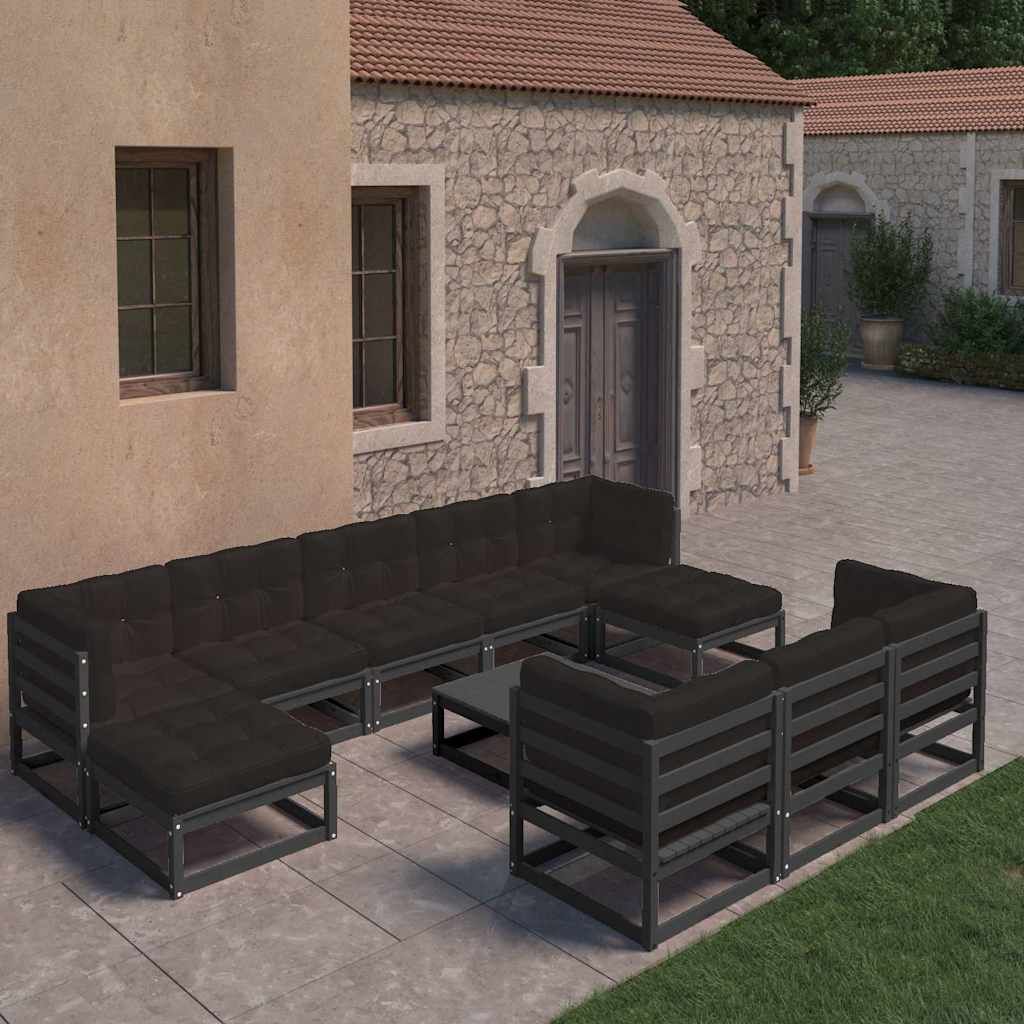 Set Divani da Giardino 11 pz con Cuscini Massello di Pino Nero vidaXL
