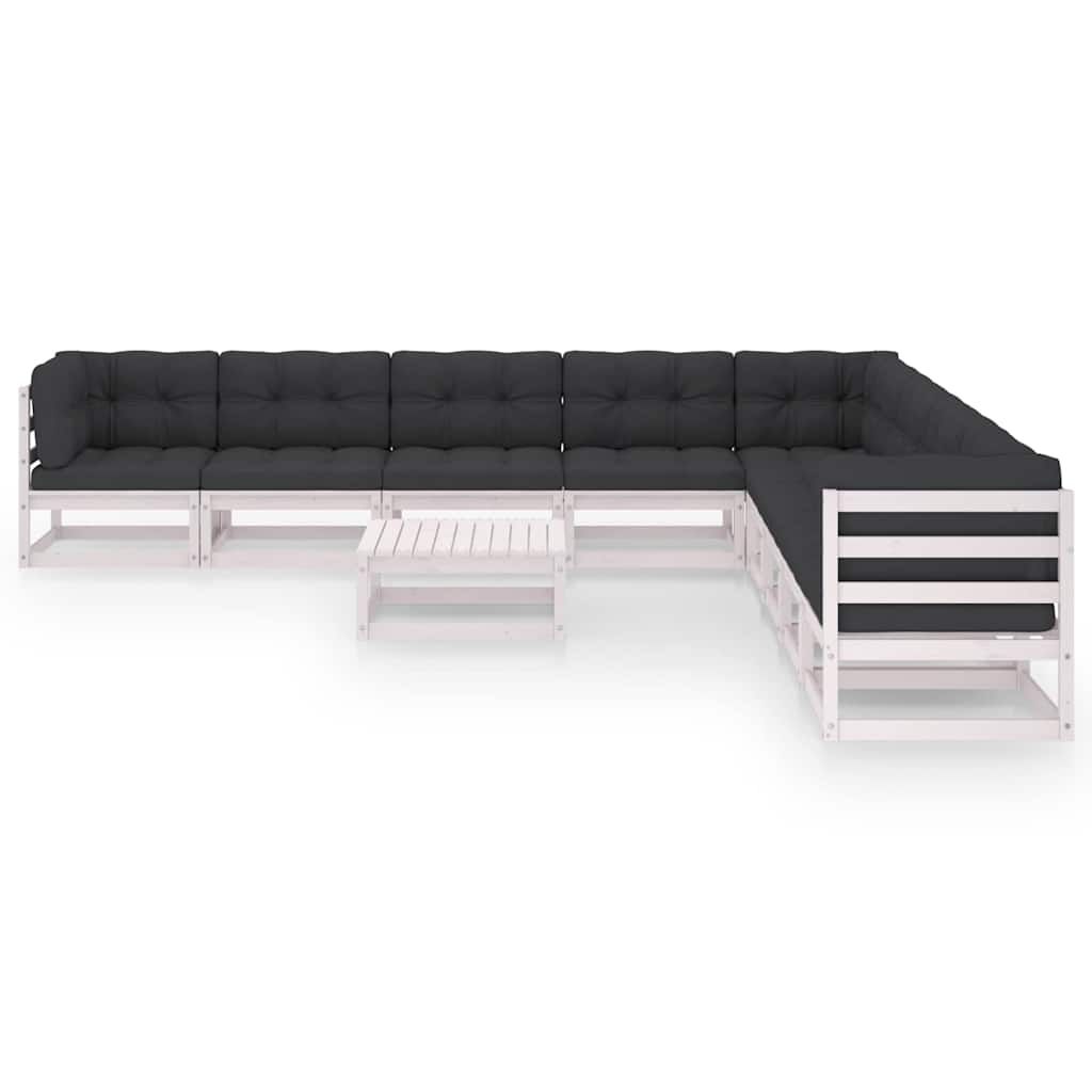 Set Divani da Giardino 10 pz Cuscini Bianchi Massello di Pino vidaXL