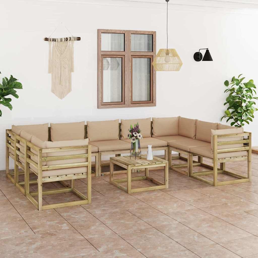 Set Salotto Giardino con Cuscini 10 pz in Pino Impregnato vidaXL