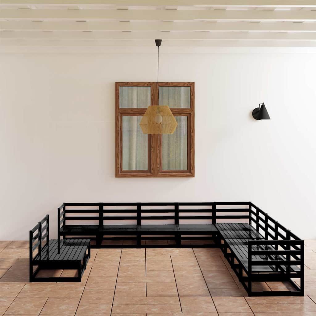 Set Divani da Giardino 11 pz Nero in Legno Massello di Pino vidaXL