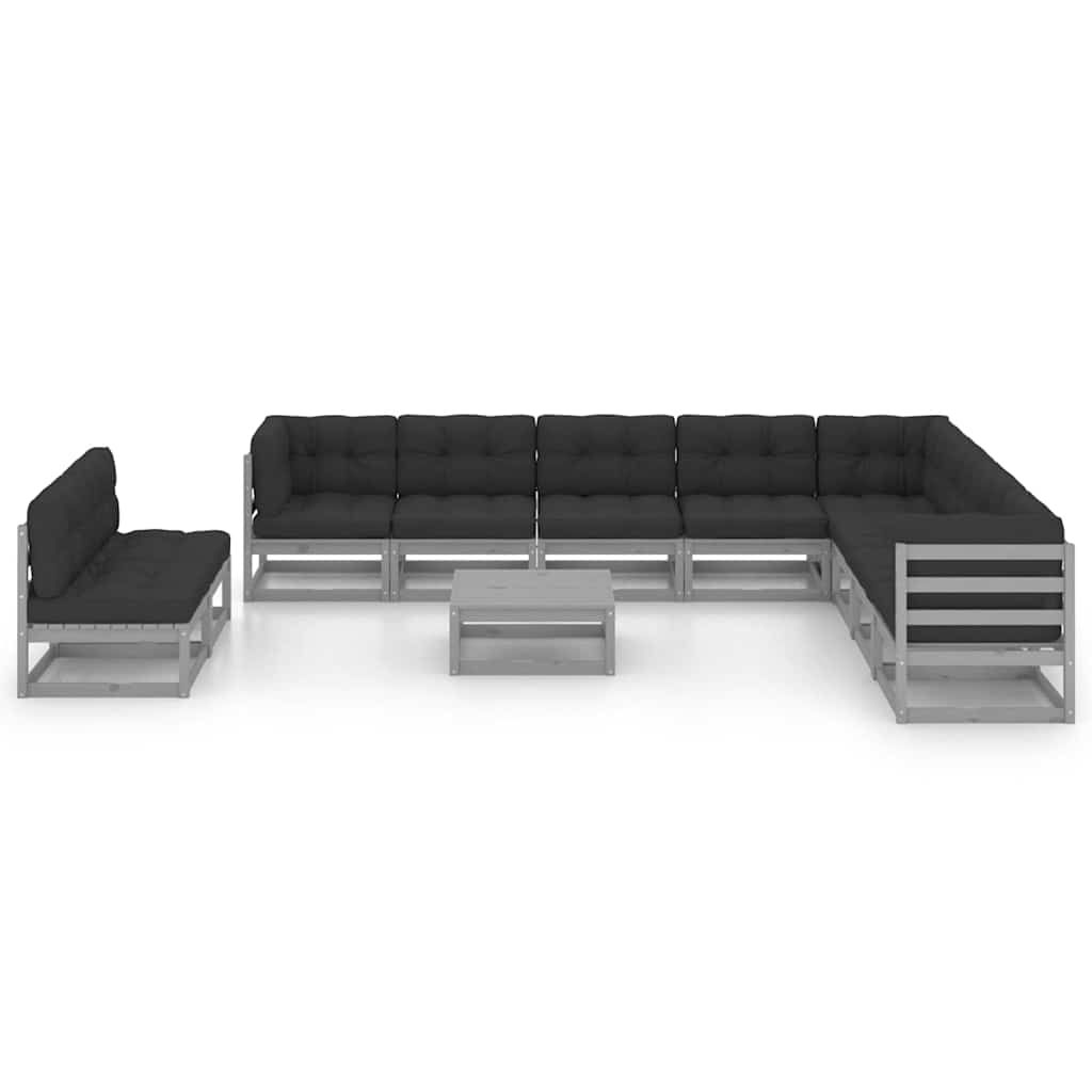 Set Divani da Giardino 11pz con Cuscini Grigio Massello di Pino vidaXL