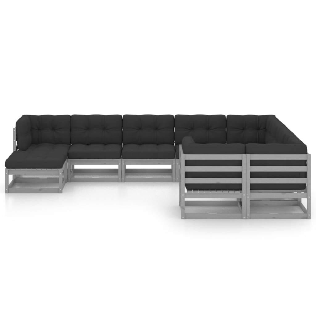 Set Divani da Giardino 10pz con Cuscini Grigio Massello di Pino vidaXL