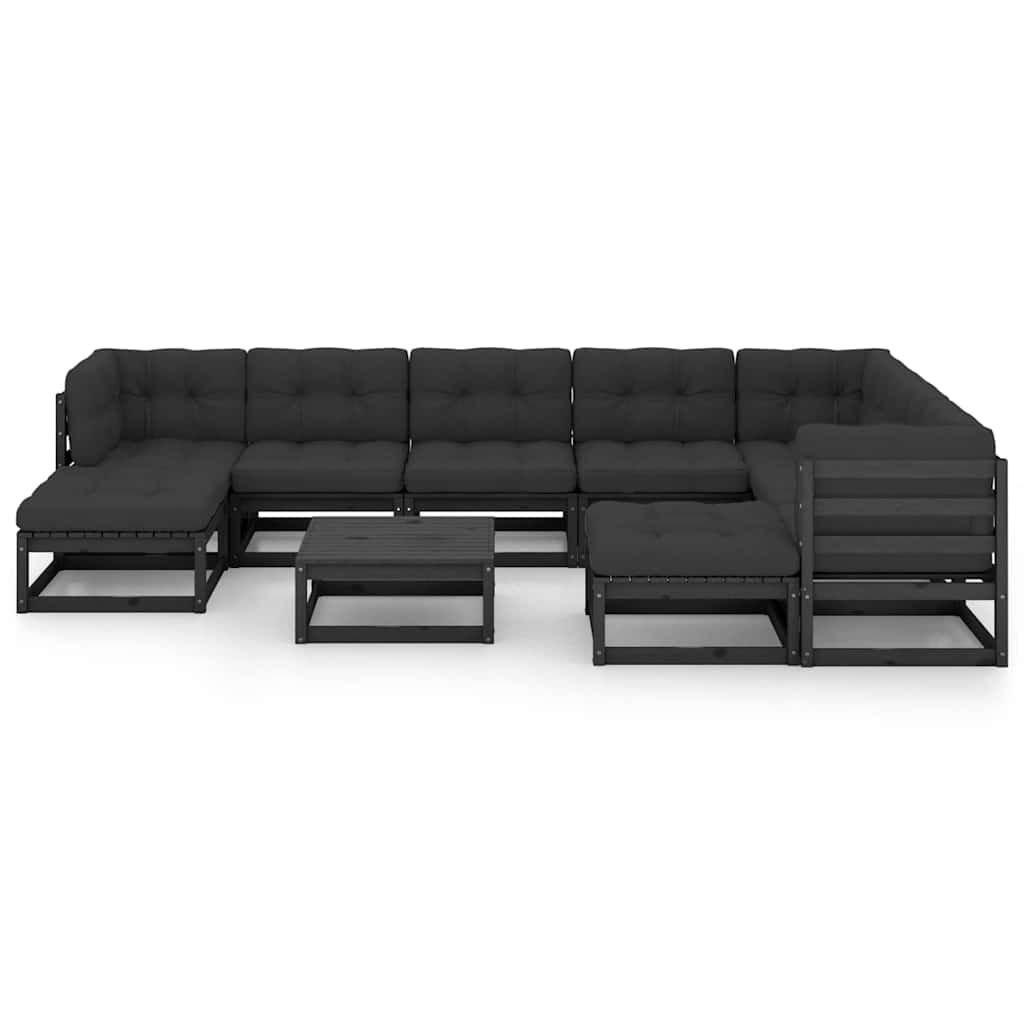 Set Divani da Giardino 10 pz con Cuscini Massello di Pino Nero vidaXL