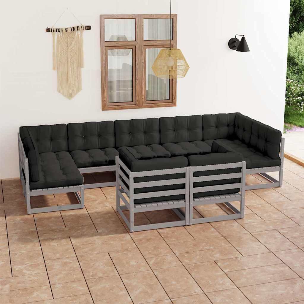 Set Divani da Giardino 9 pz Grigio Cuscini Massello di Pino vidaXL
