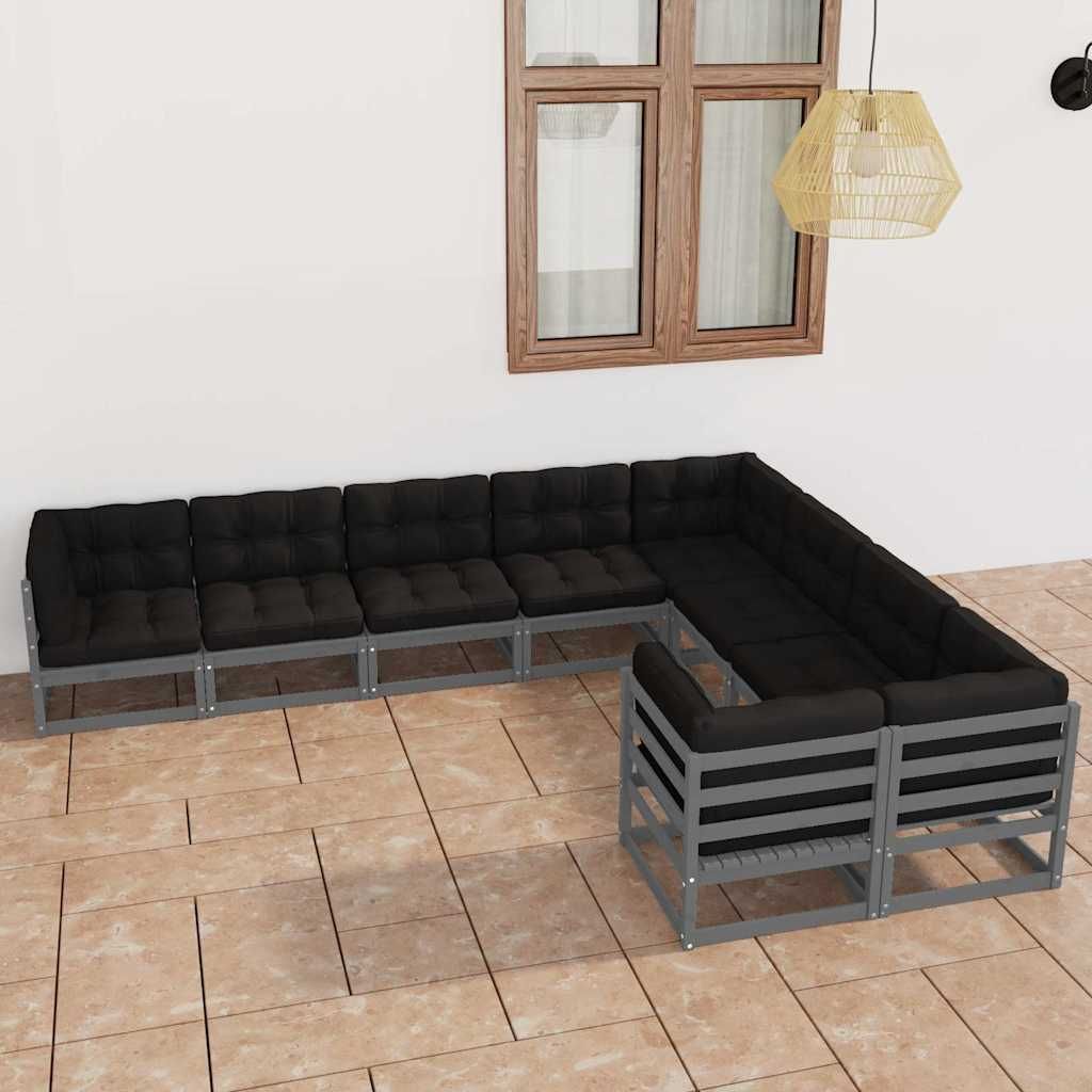 Set Divani da Giardino 9 pz Grigio Cuscini Massello di Pino vidaXL
