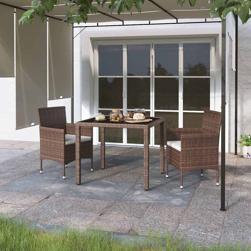 Set Pranzo da Giardino 3pz Polyrattan e Vetro Temperato Marrone vidaXL