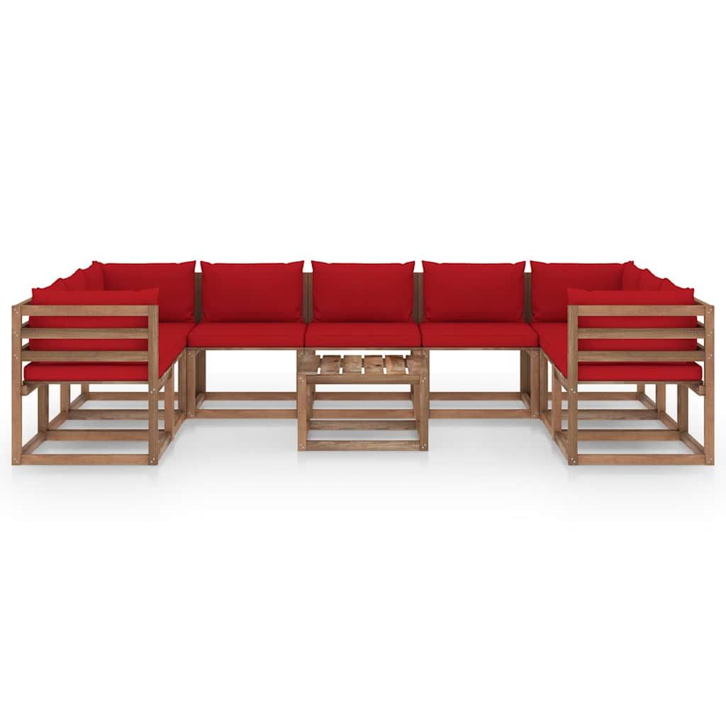 Set Salotto da Giardino 10 pz con Cuscini Rossi vidaXL
