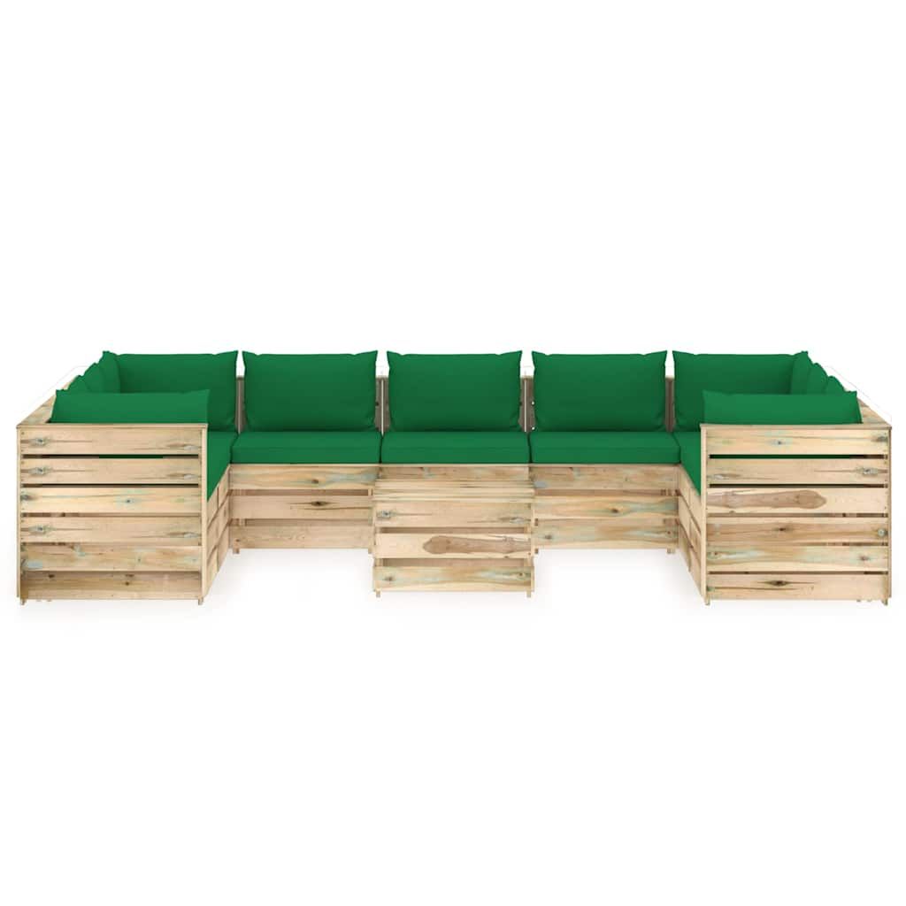 Set Divani da Giardino con Cuscini 10 pz Legno Impregnato Verde vidaXL