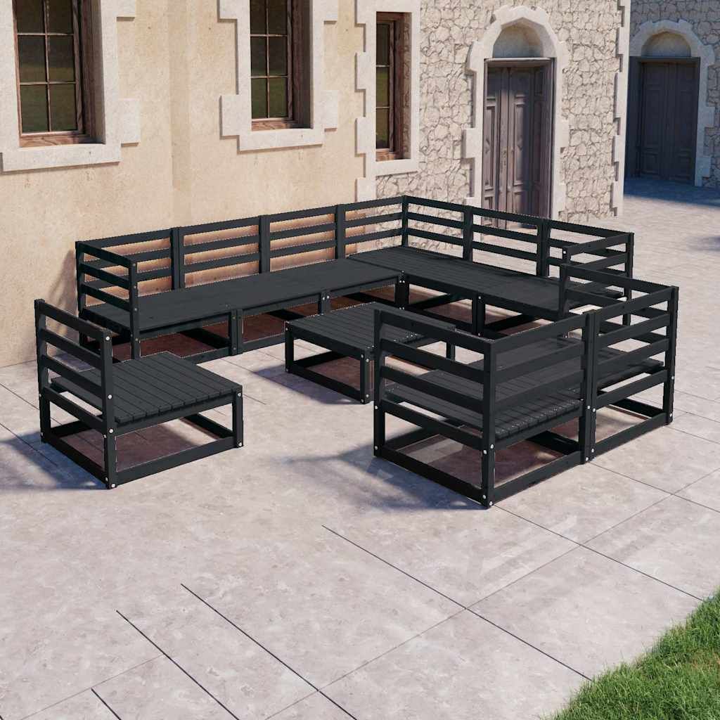 Set Divani da Giardino 10 pz Nero in Legno Massello di Pino vidaXL