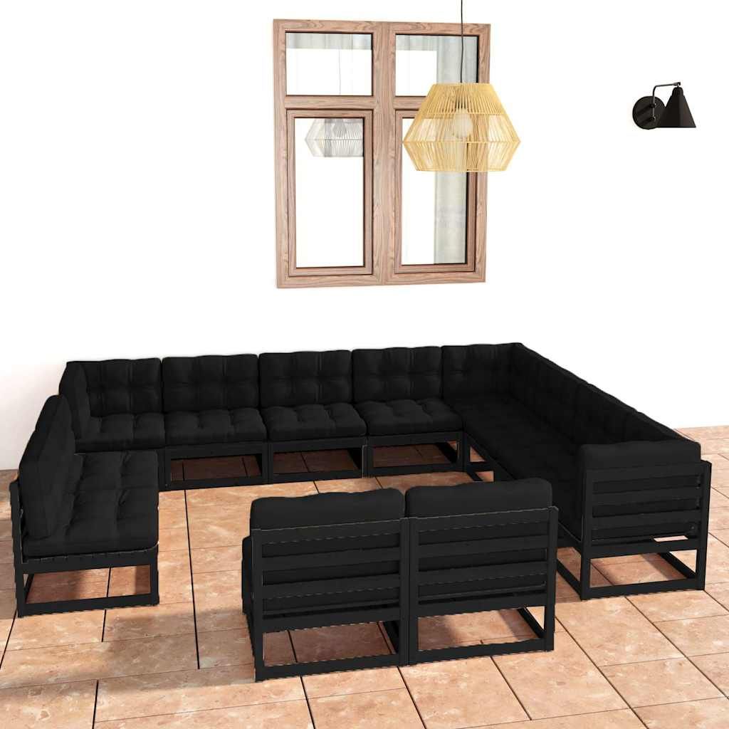 Set Divani da Giardino 12 pz con Cuscini Massello di Pino Nero vidaXL