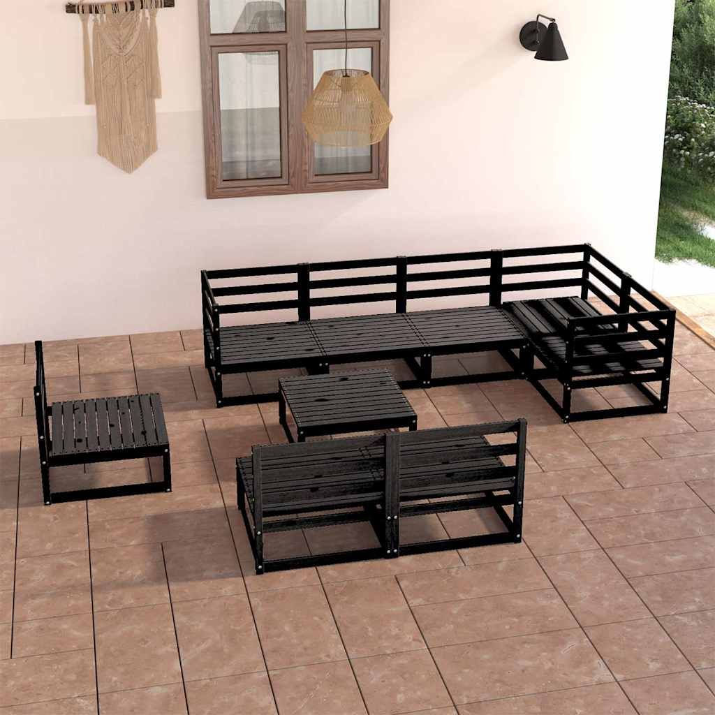 Set Divani da Giardino 9 pz Nero in Legno Massello di Pino vidaXL