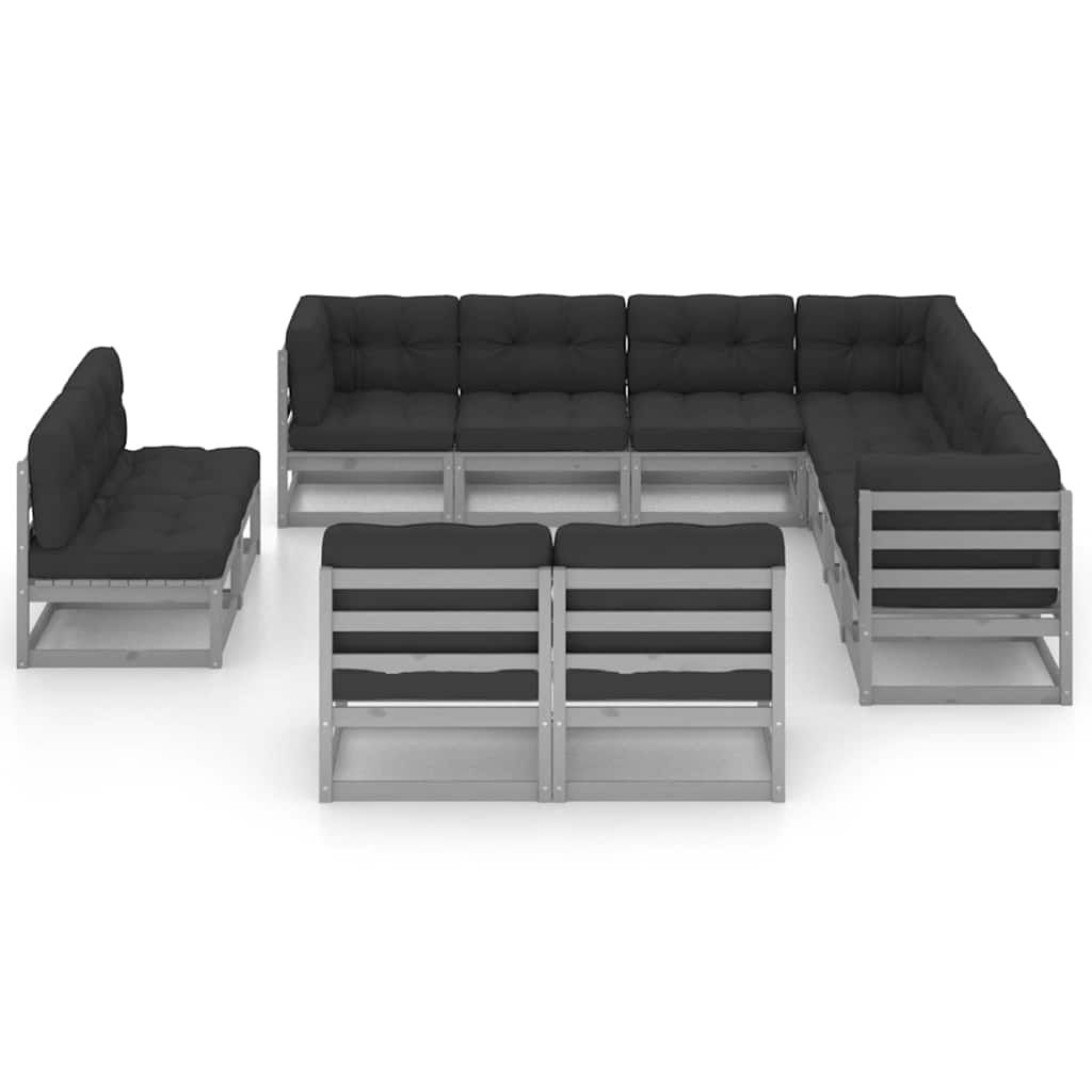 Set Divani da Giardino 11 pz Grigio Cuscini Massello di Pino vidaXL