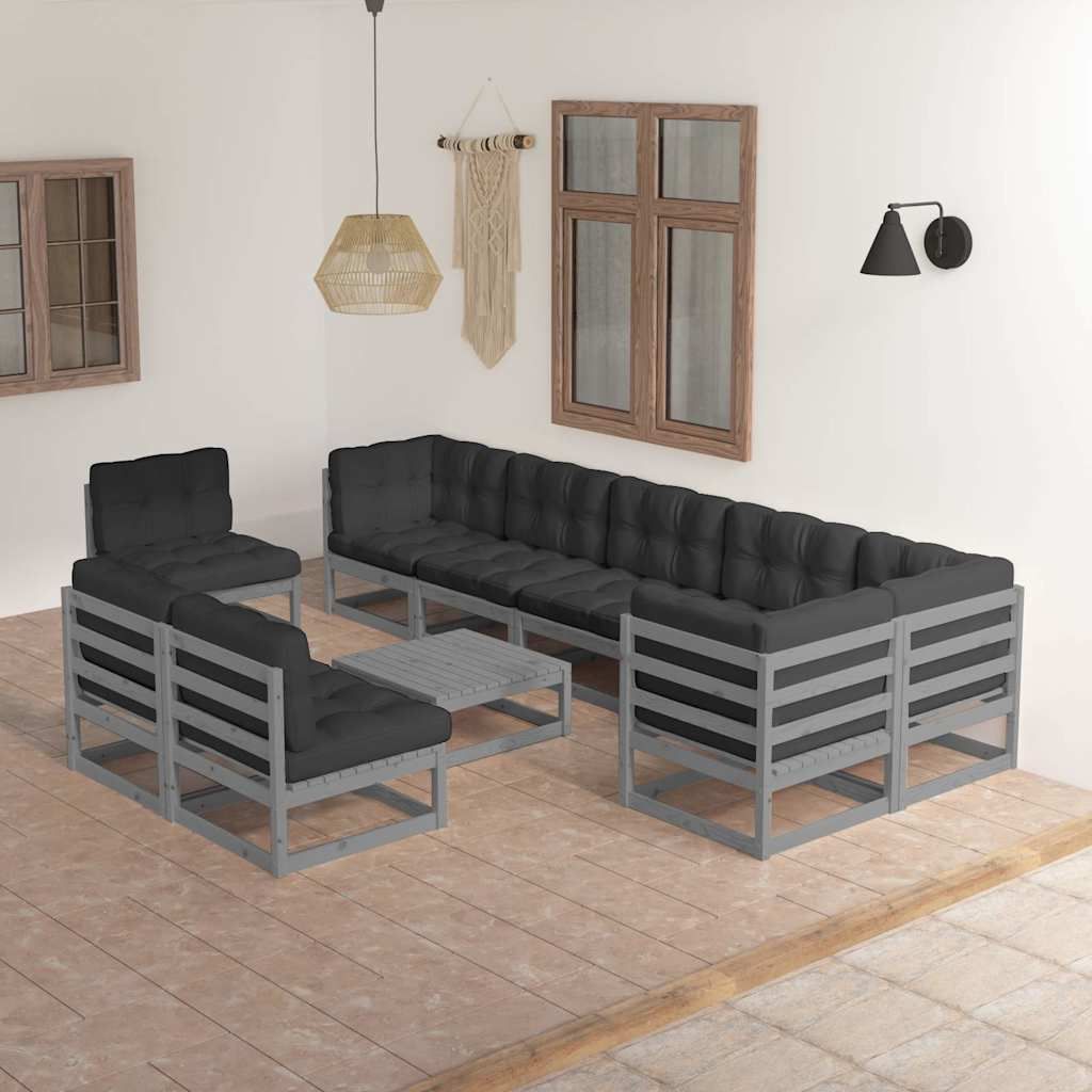 Set Salotto Giardino 10pz Cuscini Antracite Legno Massello Pino vidaXL