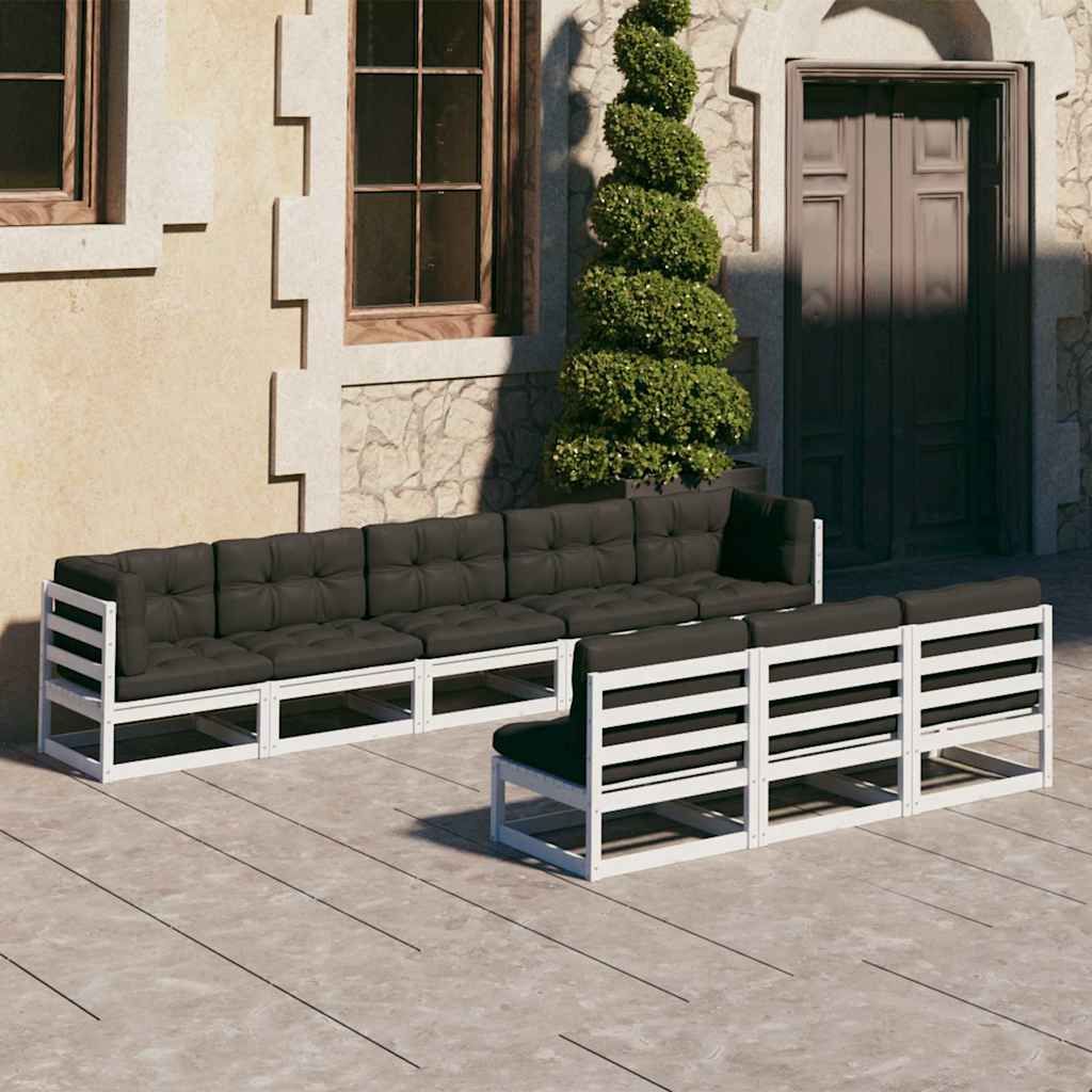 Set Salotto Giardino 8pz con Cuscini Bianco Legno Massello Pino vidaXL