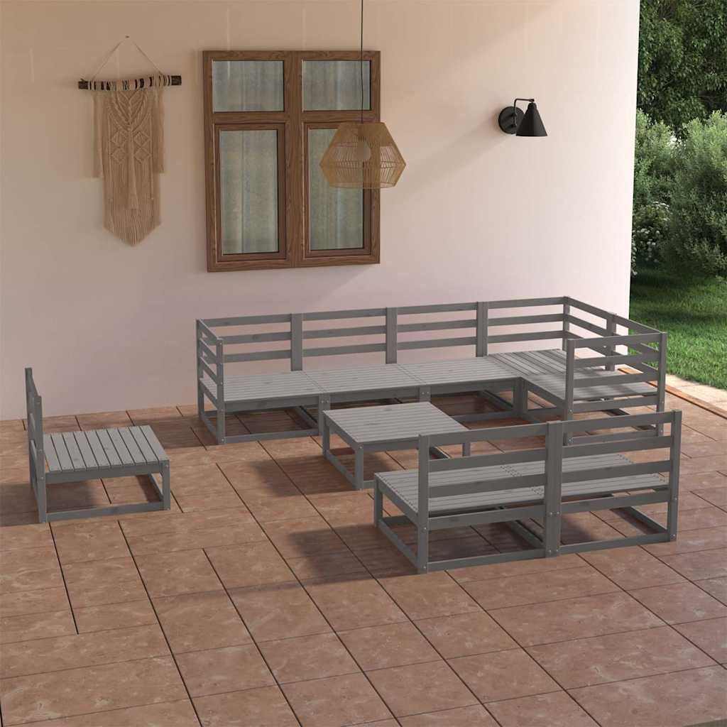 Set Divani da Giardino 9 pz Grigio in Legno Massello di Pino vidaXL