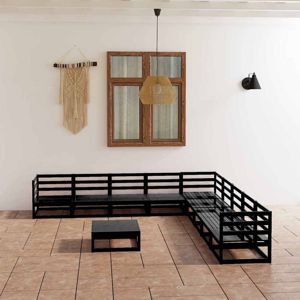 Set Divani da Giardino 10 pz Nero in Legno Massello di Pino vidaXL
