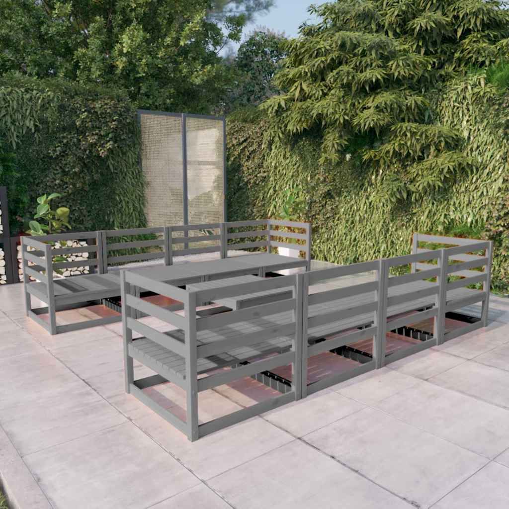 Set Divani da Giardino 9 pz Grigio in Legno Massello di Pino vidaXL