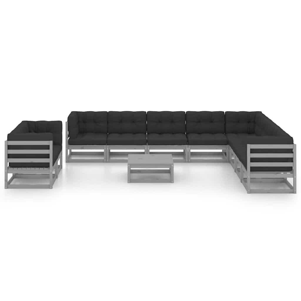 Set Divani da Giardino 11pz con Cuscini Grigio Massello di Pino vidaXL
