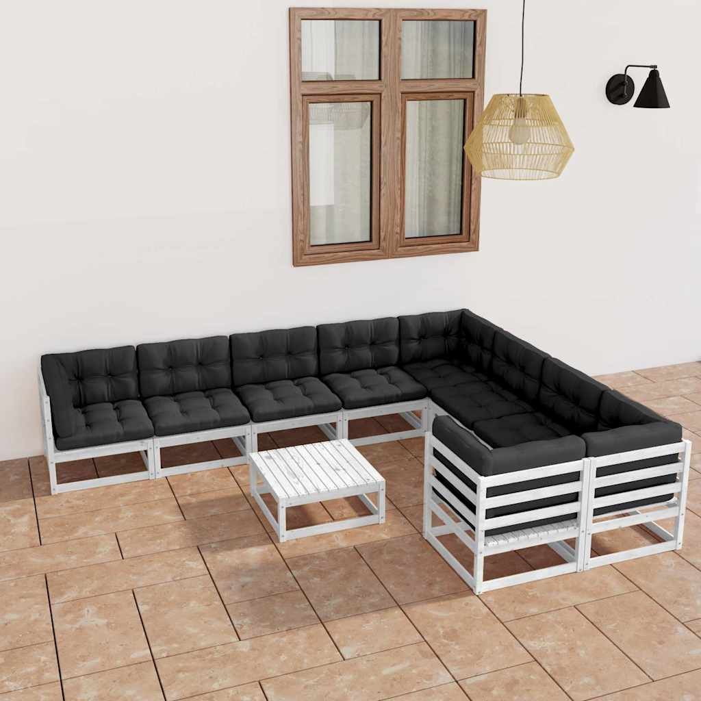 Set Divani da Giardino 10 pz Cuscini Bianchi Massello di Pino vidaXL