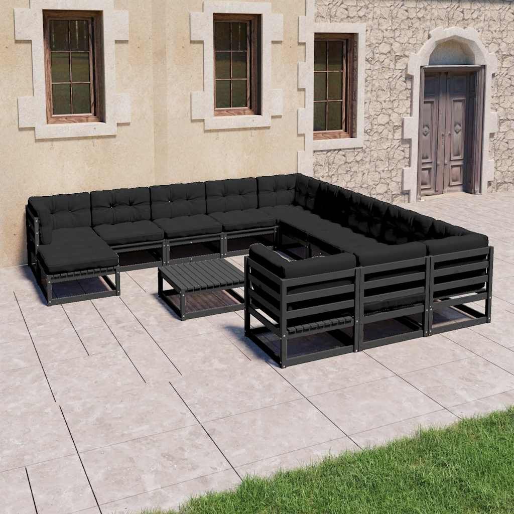 Set Divani da Giardino 13 pz con Cuscini Massello di Pino Nero vidaXL
