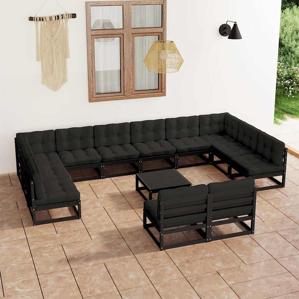 Set Divani da Giardino 13 pz con Cuscini Massello di Pino Nero vidaXL