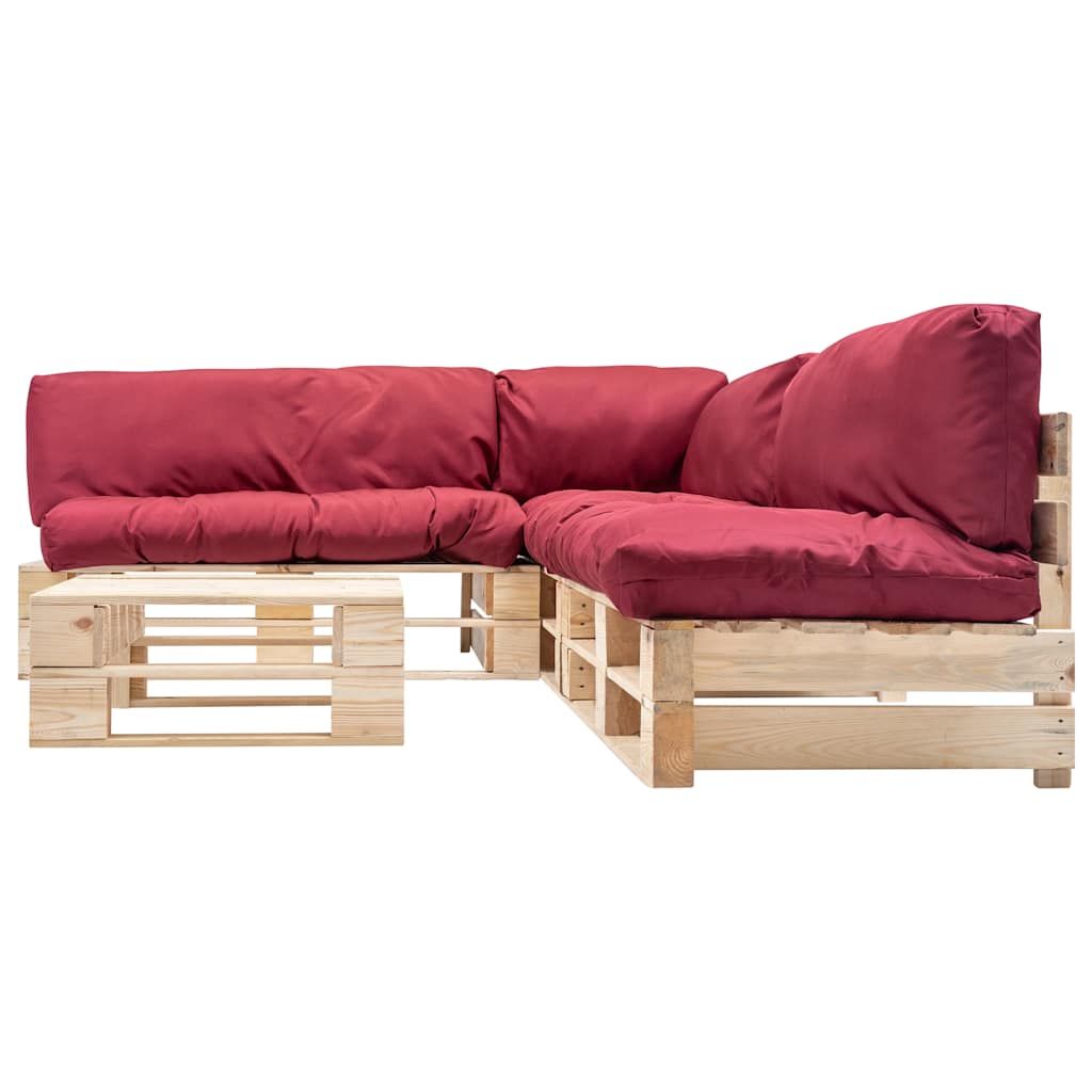 Set Divani da Giardino Pallet 4 pz con Cuscini Rossi in Legno vidaXL