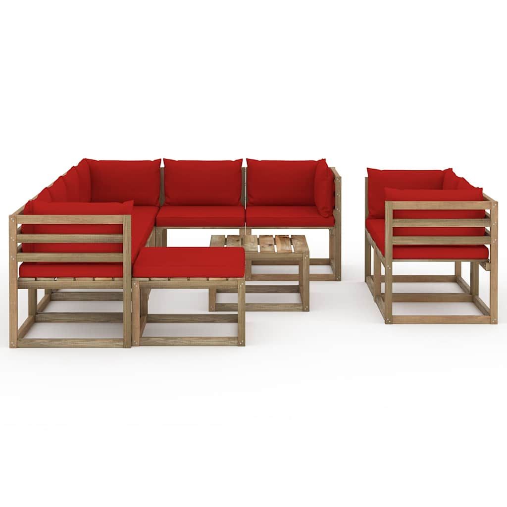 Set Divani da Giardino 10 pz con Cuscini Rossi vidaXL