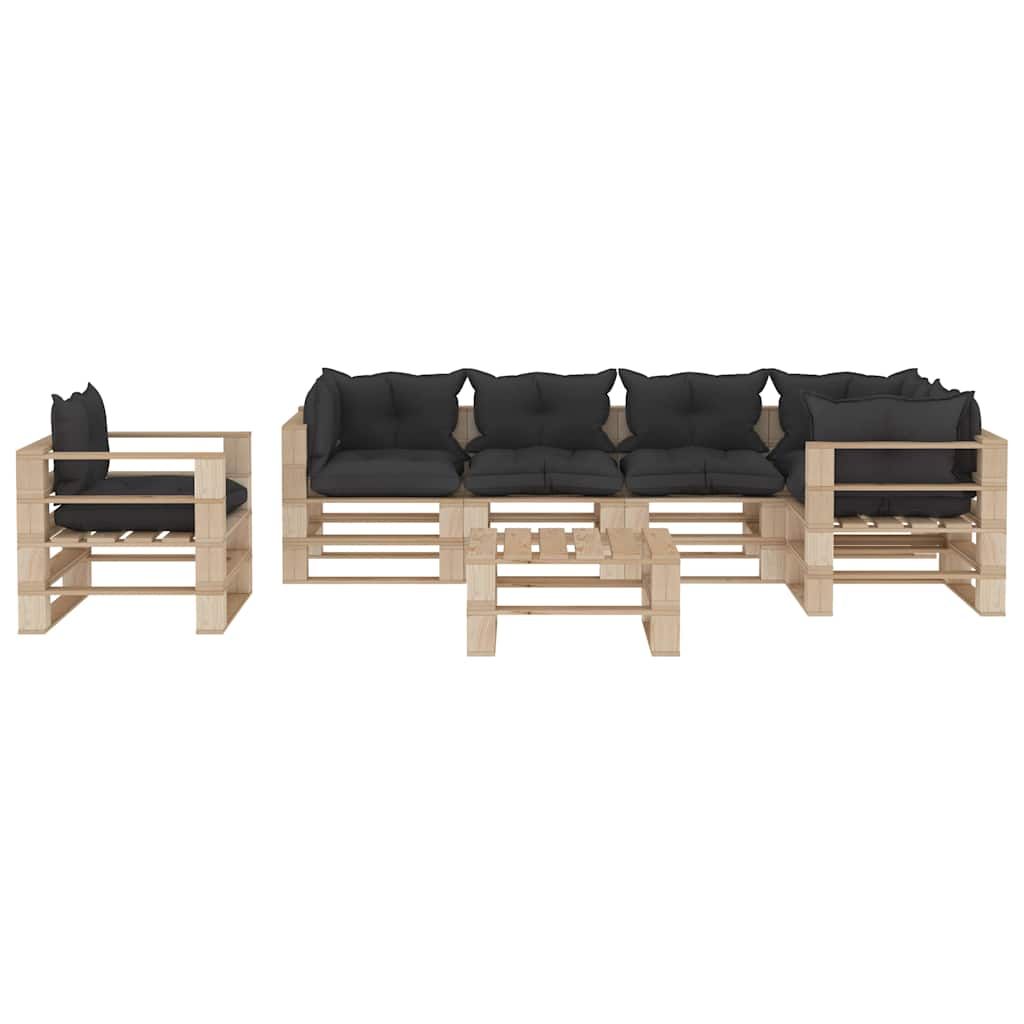 Set Divani da Giardino su Pallet 7 pz con Cuscini Neri in Legno vidaXL