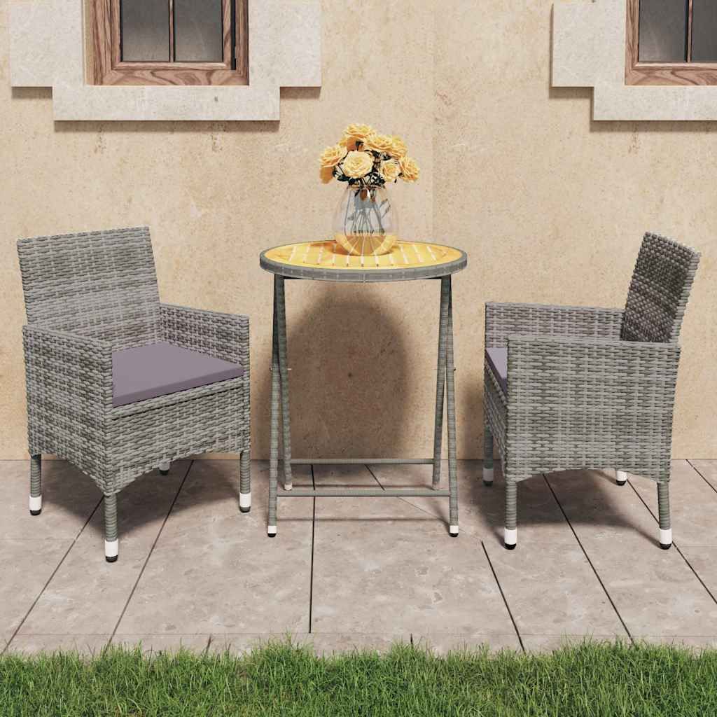 Set Bistrot da Giardino 3pz Polyrattan e Legno d'Acacia Grigio vidaXL