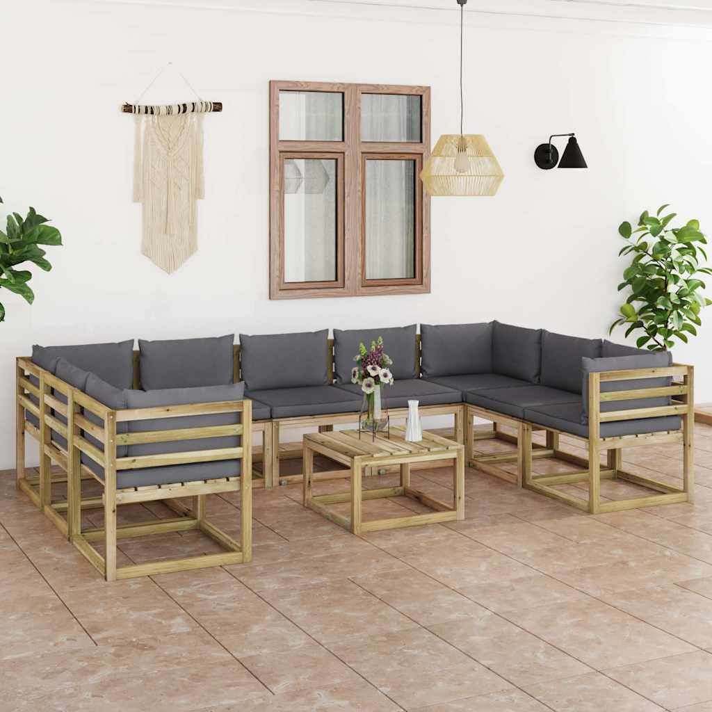 Set Salotto Giardino con Cuscini 10 pz in Pino Impregnato vidaXL