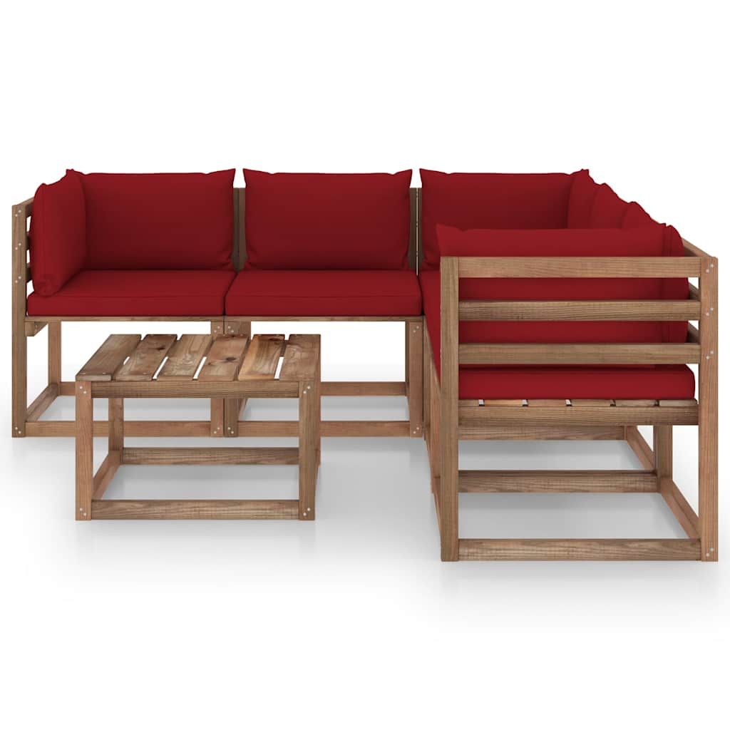 Set Salotto Giardino Cuscini Rosso Vino 6 pz in Pino Impregnato vidaXL
