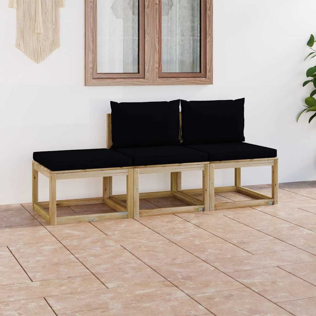 Set Divani da Giardino 3 pz con Cuscini Neri vidaXL