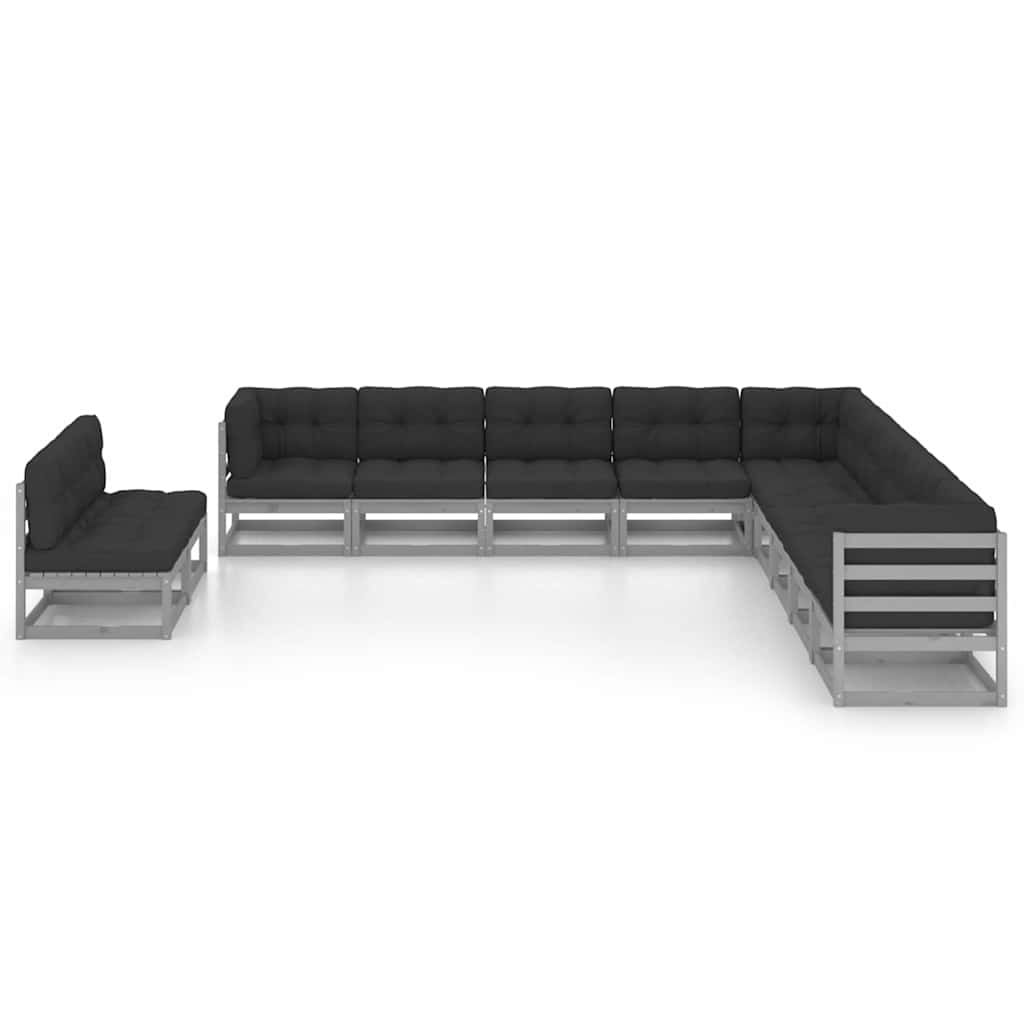 Set Divani da Giardino 11 pz Grigio Cuscini Massello di Pino vidaXL
