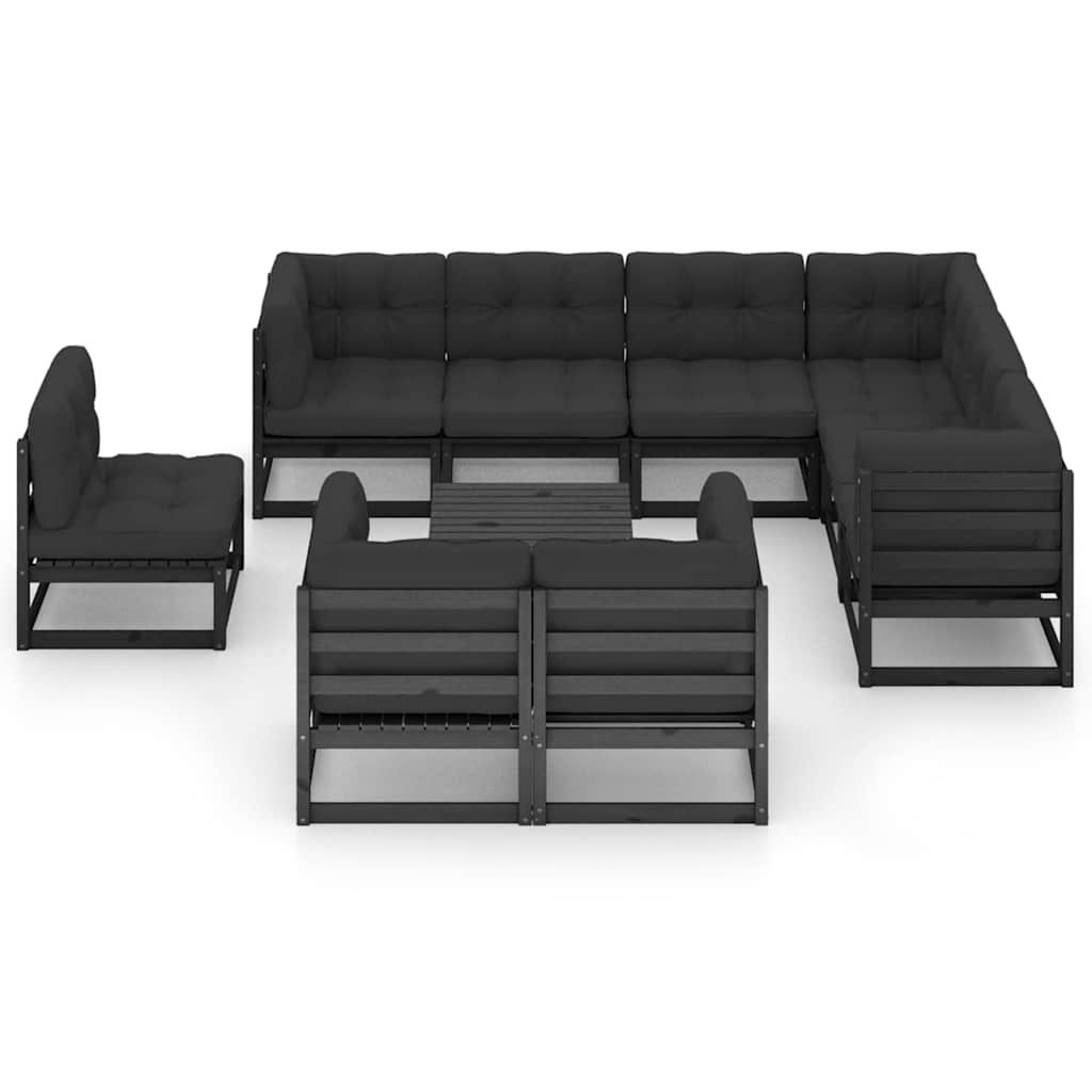 Set Divani da Giardino 10 pz con Cuscini Massello di Pino Nero vidaXL