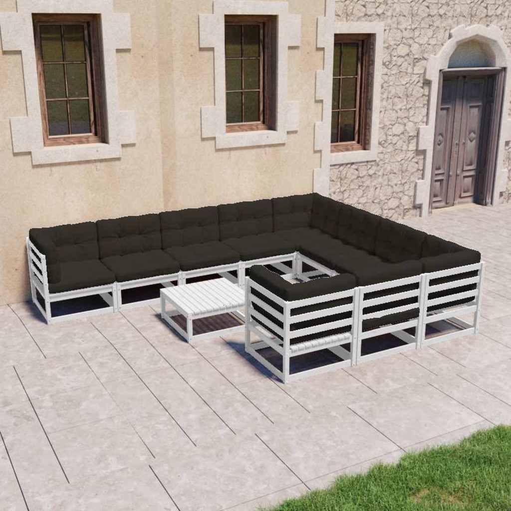 Set Divani da Giardino 11pz con Cuscini Massello di Pino Bianco vidaXL