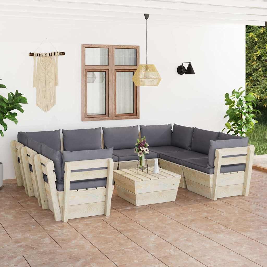 Set Divani da Giardino su Pallet 9 pz con Cuscini Legno Abete vidaXL