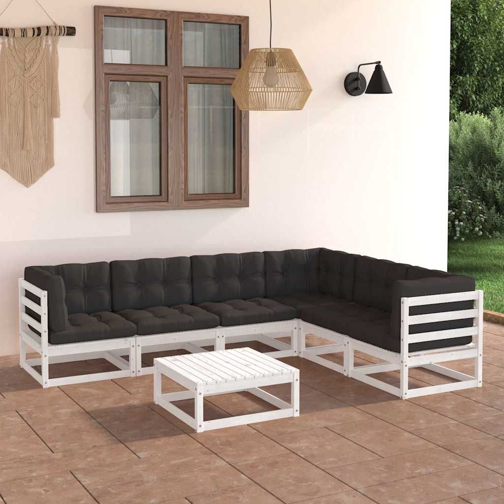 Set Salotto Giardino 7pz con Cuscini Bianco Legno Massello Pino vidaXL