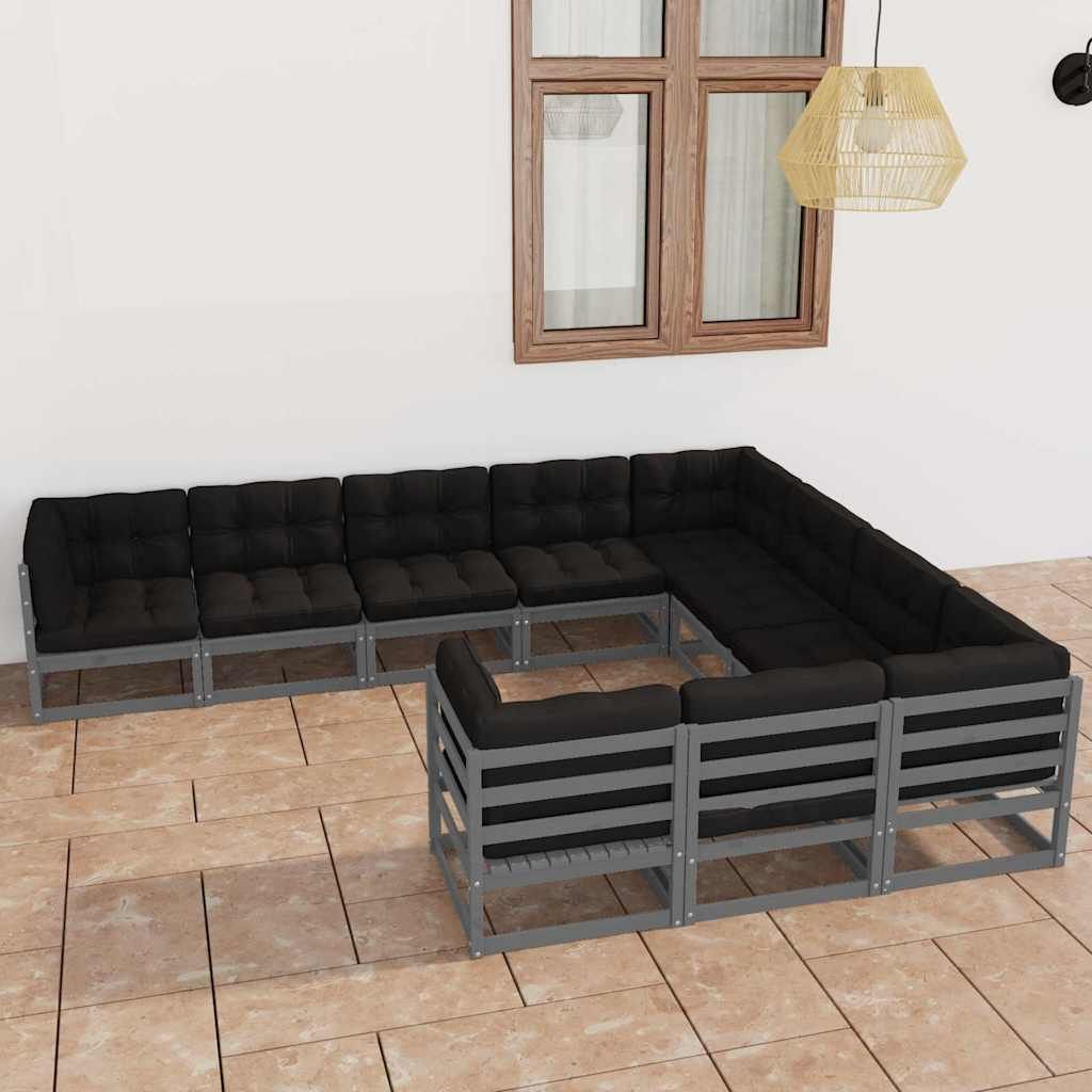 Set Divani da Giardino 10 pz Grigio Cuscini Massello di Pino vidaXL