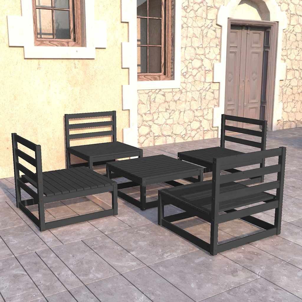 Set Divani da Giardino 5 pz Nero in Legno Massello di Pino vidaXL