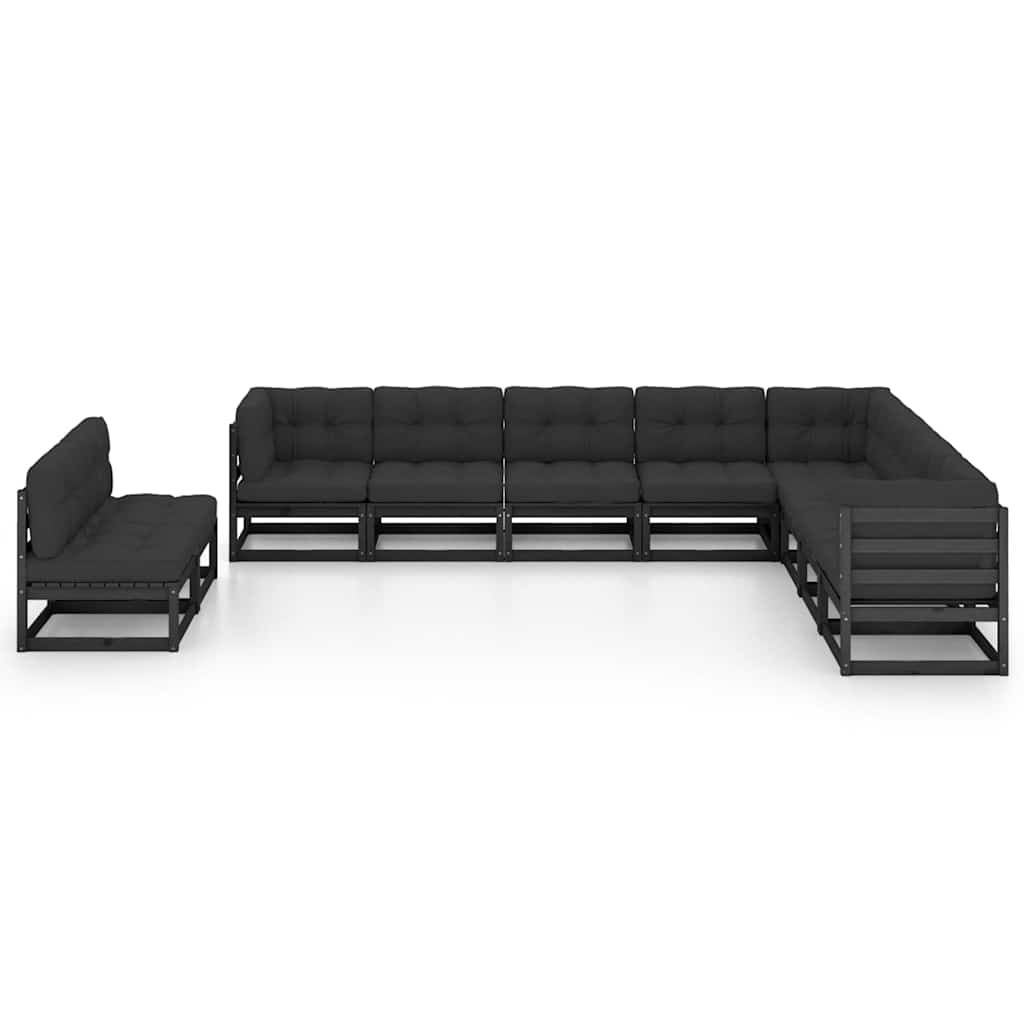 Set Divani da Giardino 10 pz con Cuscini Massello di Pino Nero vidaXL