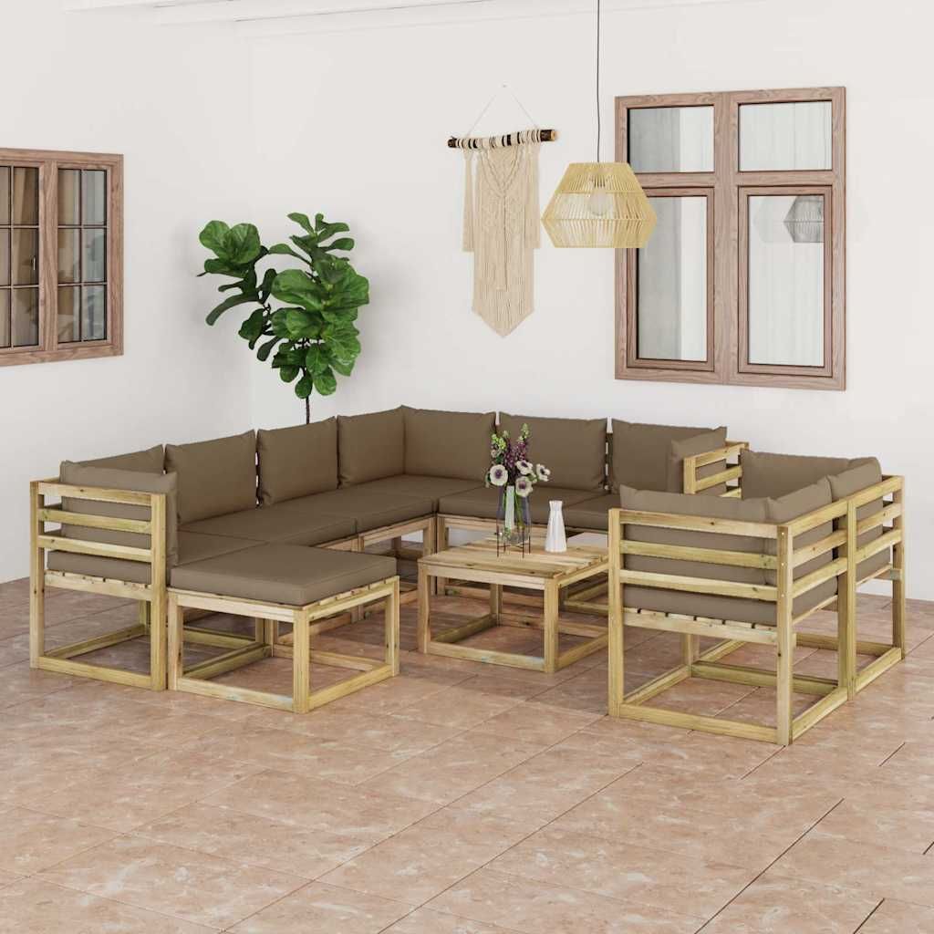 Set Salotto Giardino con Cuscini 10 pz in Pino Impregnato vidaXL