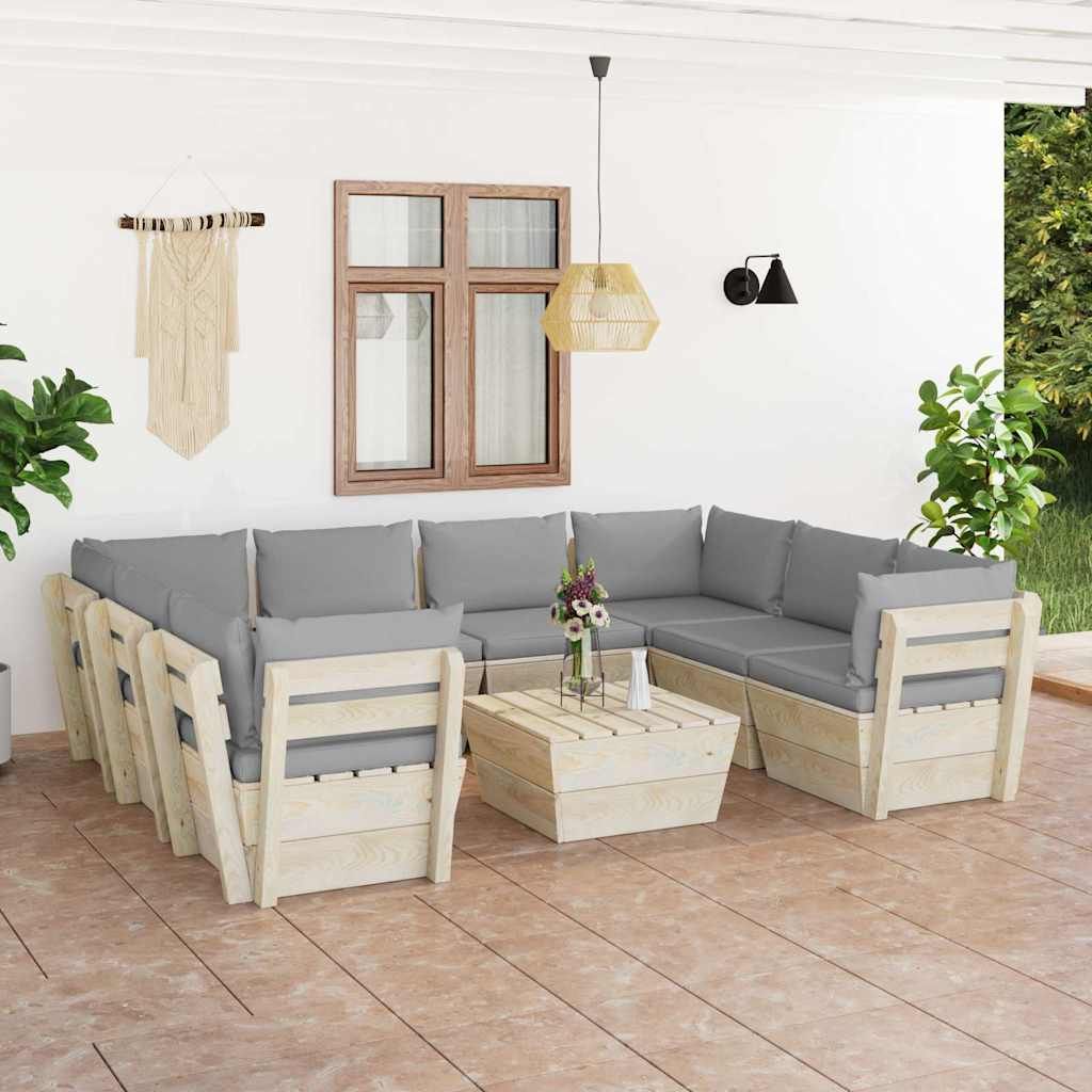 Set Divani da Giardino su Pallet 9 pz con Cuscini Legno Abete vidaXL