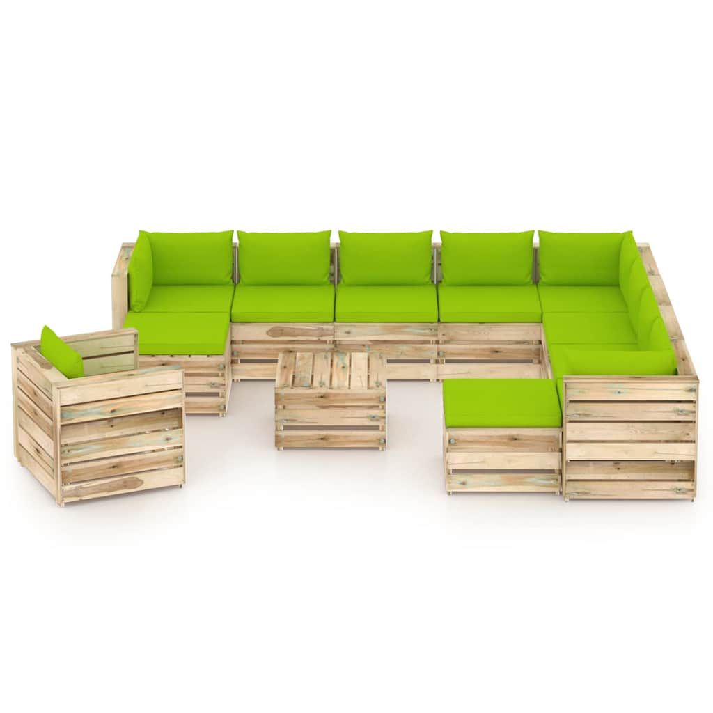 Set Divani da Giardino con Cuscini 12 pz Legno Impregnato Verde vidaXL