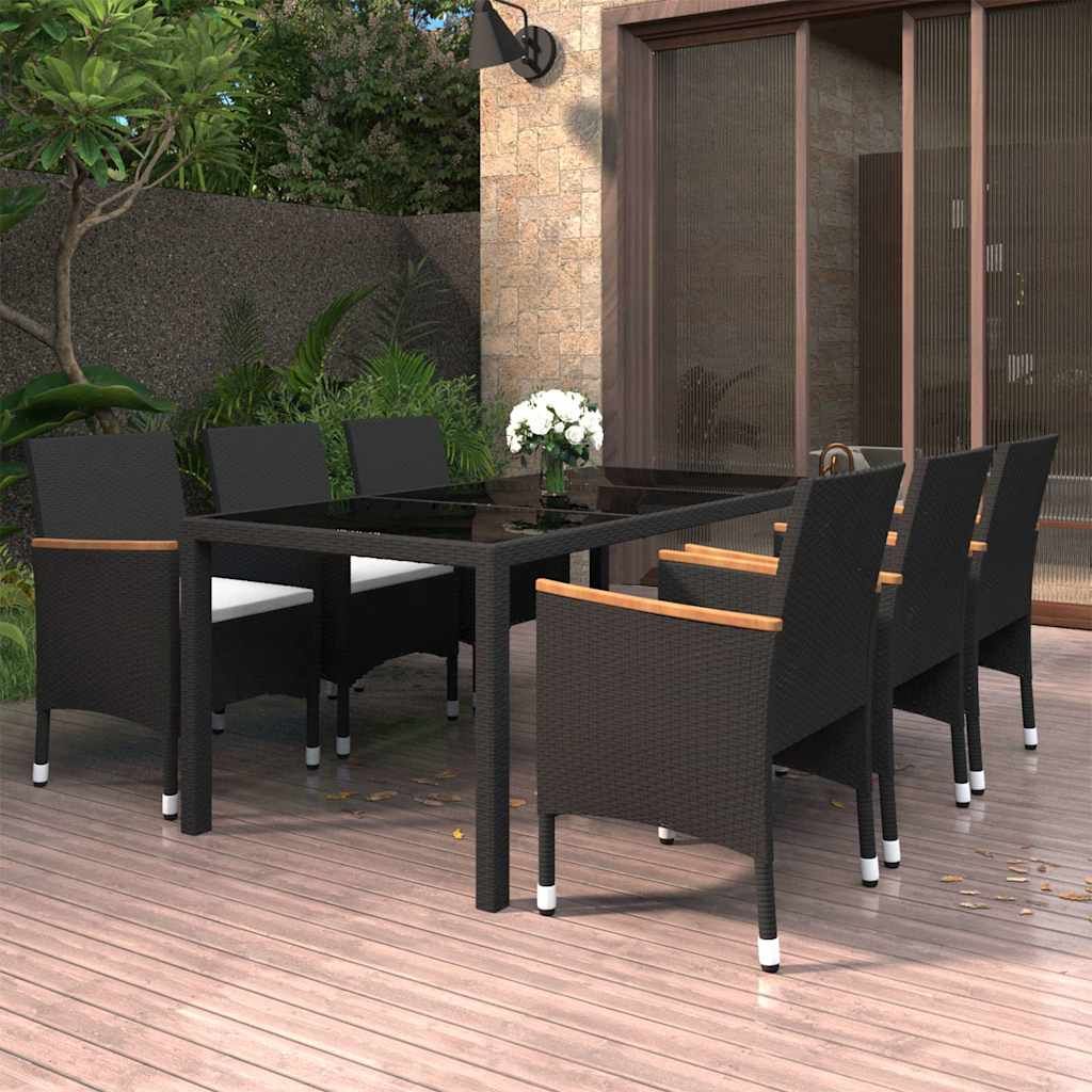 Set Mobili Pranzo Giardino 7 pz Polyrattan Vetro Temperato Nero vidaXL
