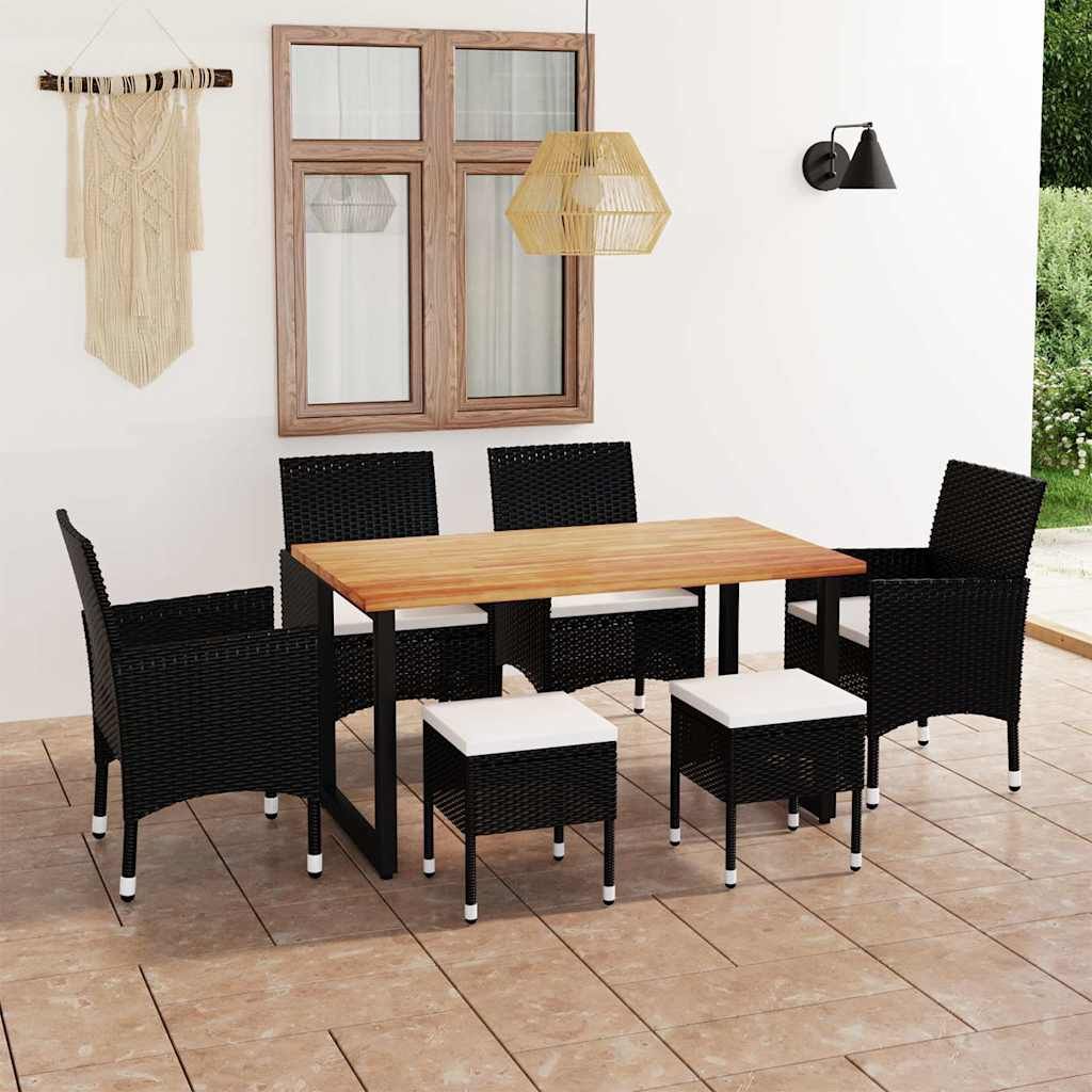 Set da Pranzo per Giardino 7 pz con Cuscini in Polyrattan Nero vidaXL