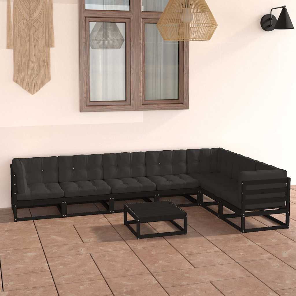 Set Divani da Giardino 8 pz con Cuscini Massello di Pino Nero vidaXL