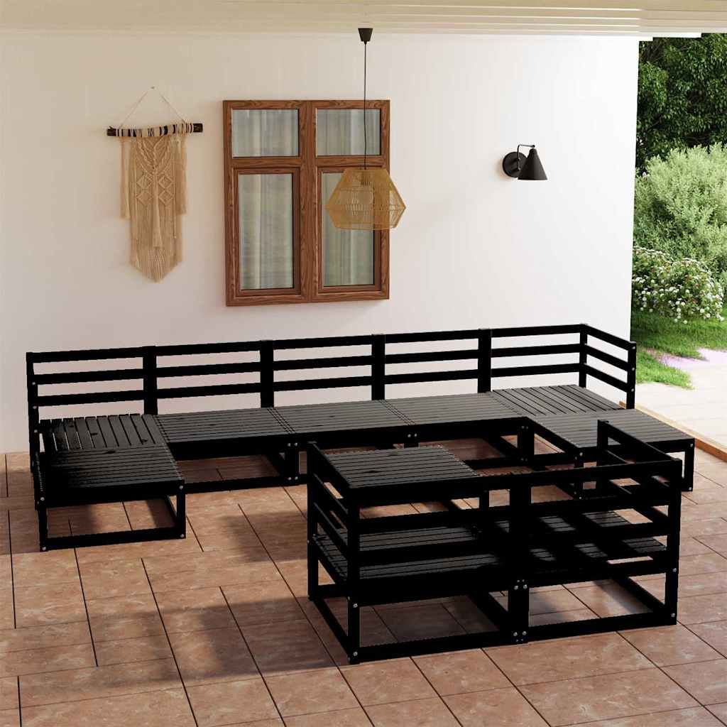 Set Divani da Giardino 10 pz Nero in Legno Massello di Pino vidaXL
