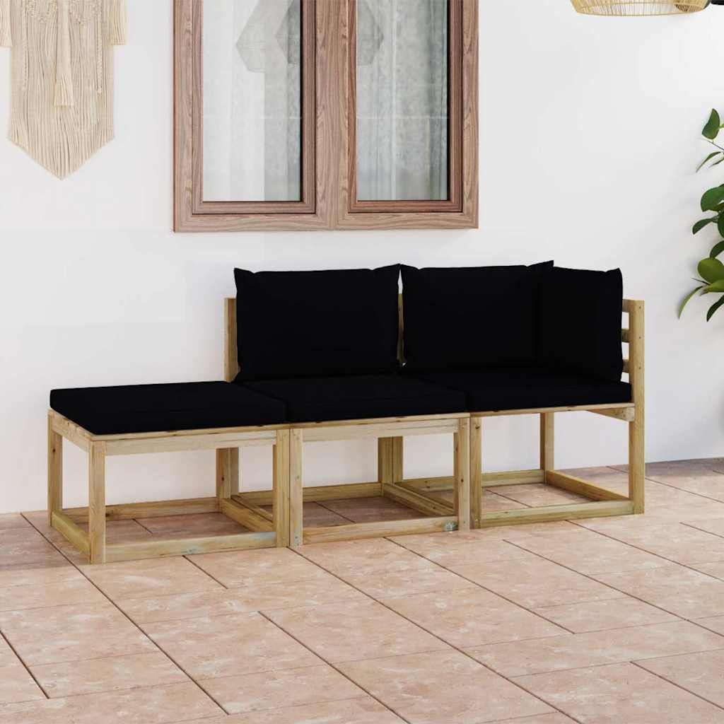 Set Divani da Giardino 3 pz con Cuscini Neri vidaXL
