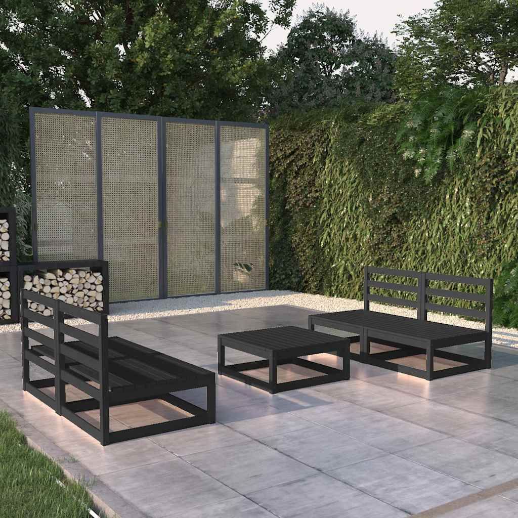Set Divani da Giardino 5 pz Nero in Legno Massello di Pino vidaXL