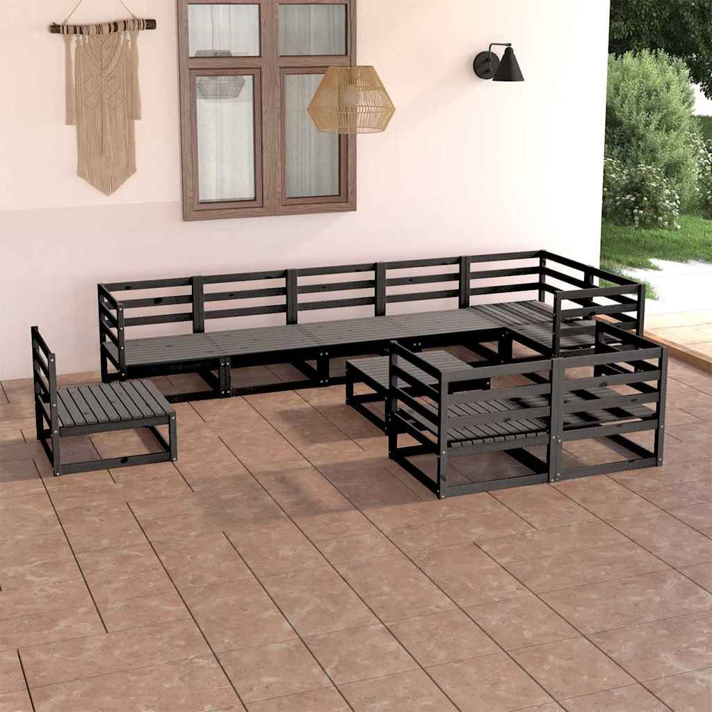 Set Divani da Giardino 10 pz Nero in Legno Massello di Pino vidaXL